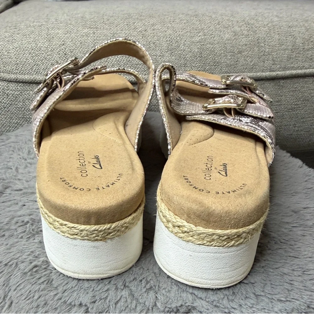 Clarks Collection Pink Snakeskin Double Buckle Platform Comfort Slides Size 8.5✨